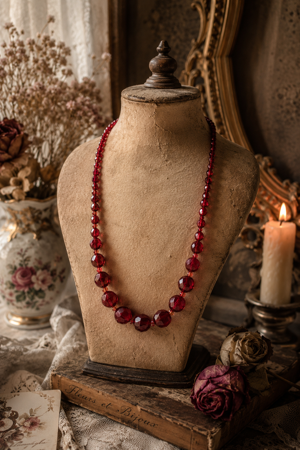 Collana in perle di vetro sfaccettato degradé rosso rubino, anni ‘60 ca
