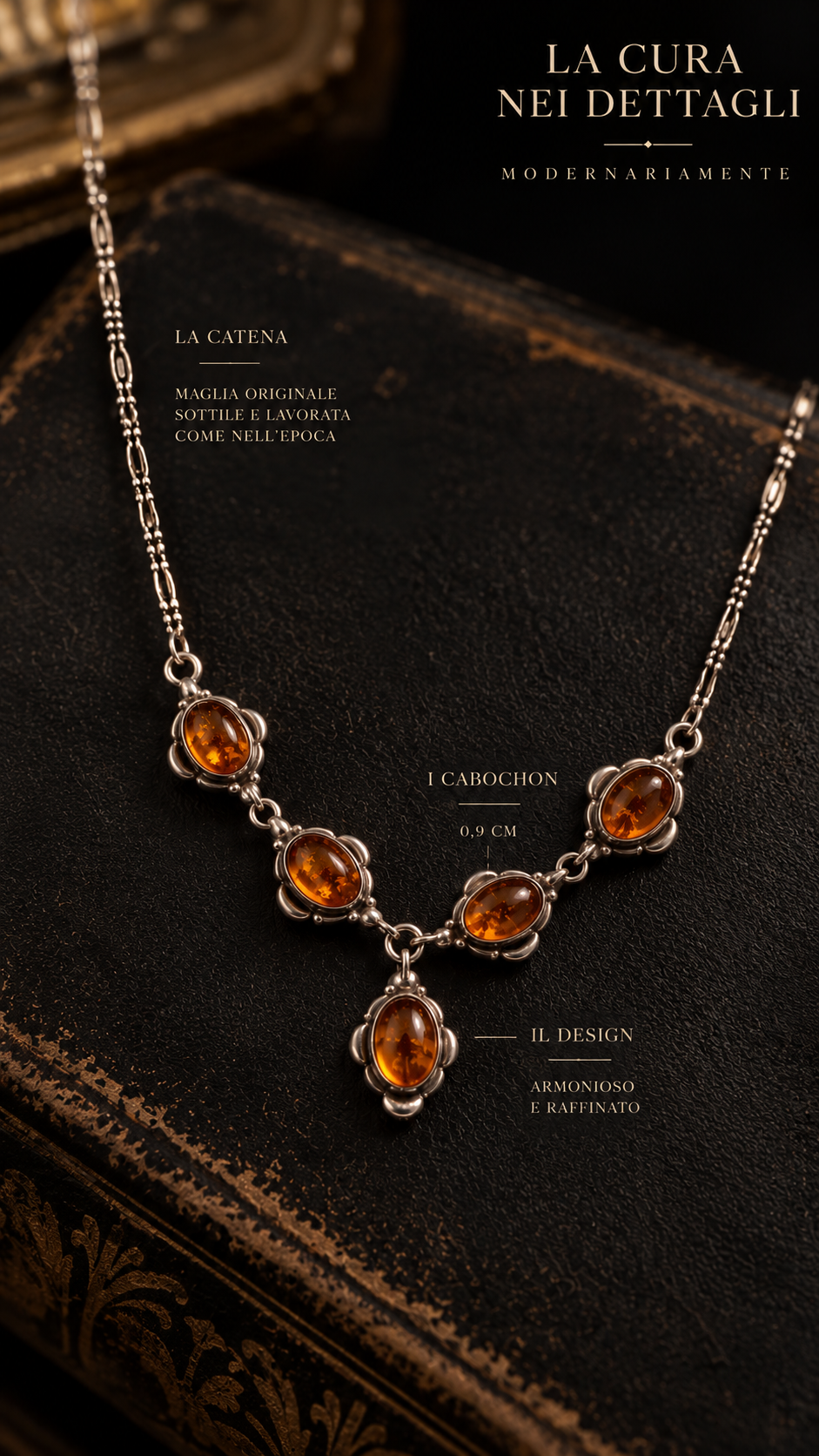 Collana girocollo in argento 925 con n. 5 piccoli cabochons in ambra