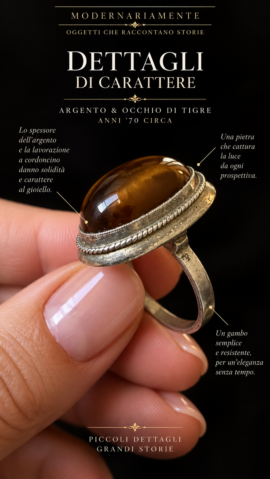 Anello argento con importante cabochon in occhio di tigre 70s e bella chatoyance