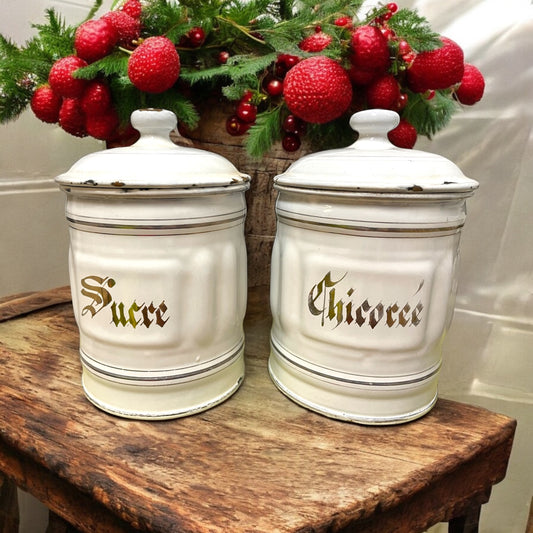 Coppia barattoli smaltati Provenzali anni 20 da cucina