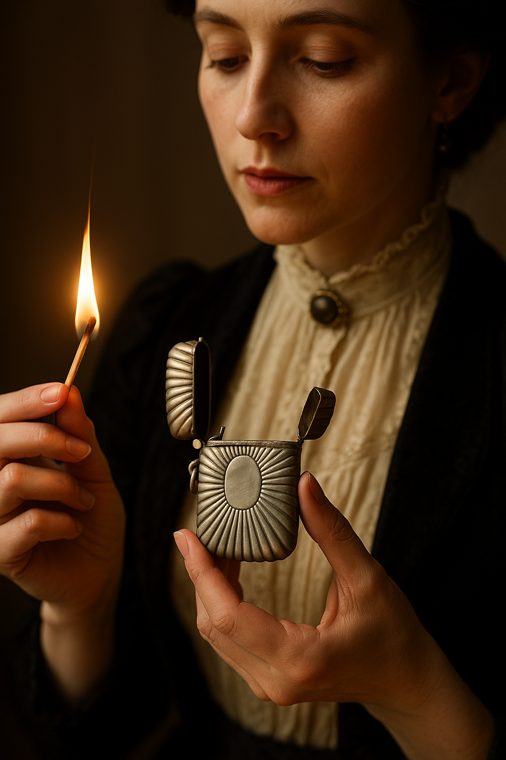 Vesta case sunburst in argento tit. 800, da Chatelaine, ca 1880-1910