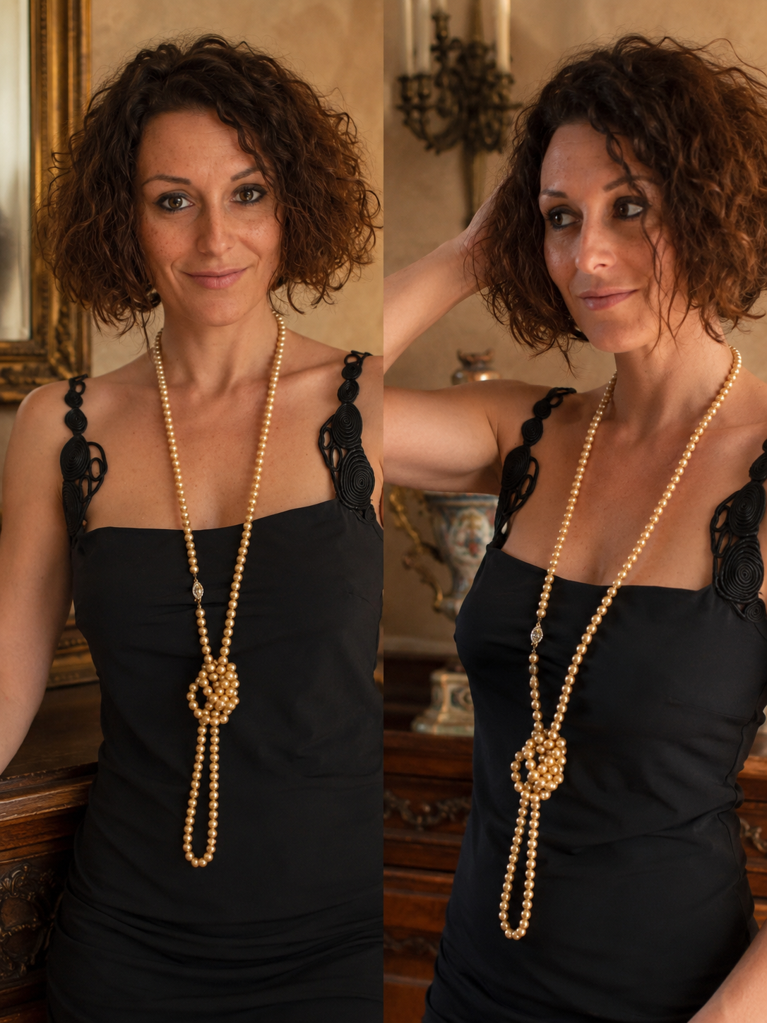 Collana sautoir lunga 1,5 metri art déco anni ‘20 in perle di vetro, chiusura navetta bagnata in oro