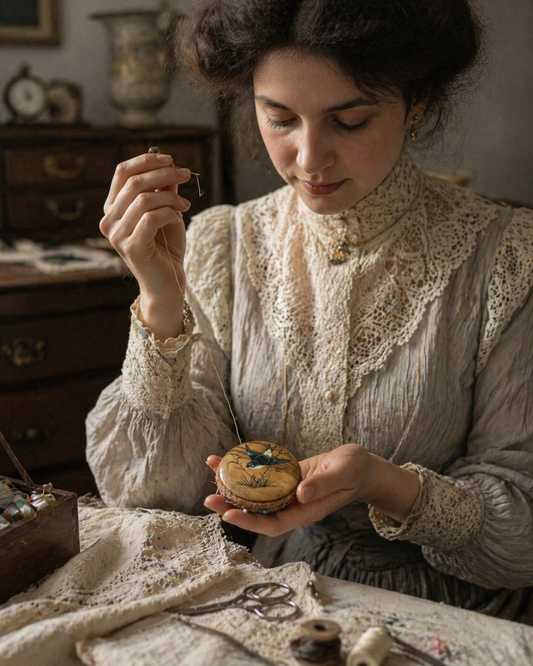 Antico pin cushion punta spilli in legno con rondine