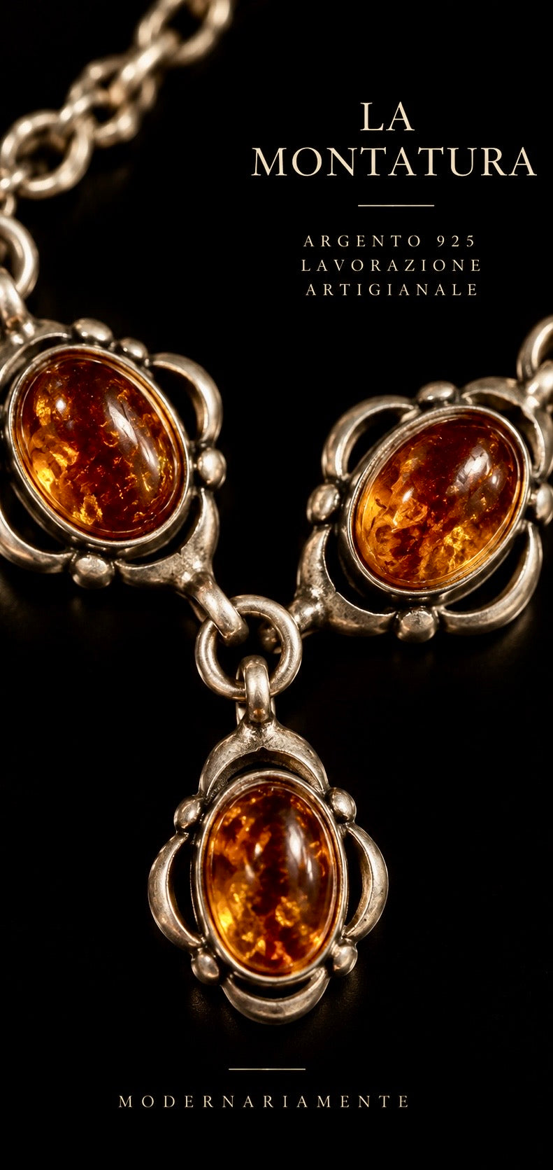 Collana girocollo in argento 925 con n. 5 piccoli cabochons in ambra