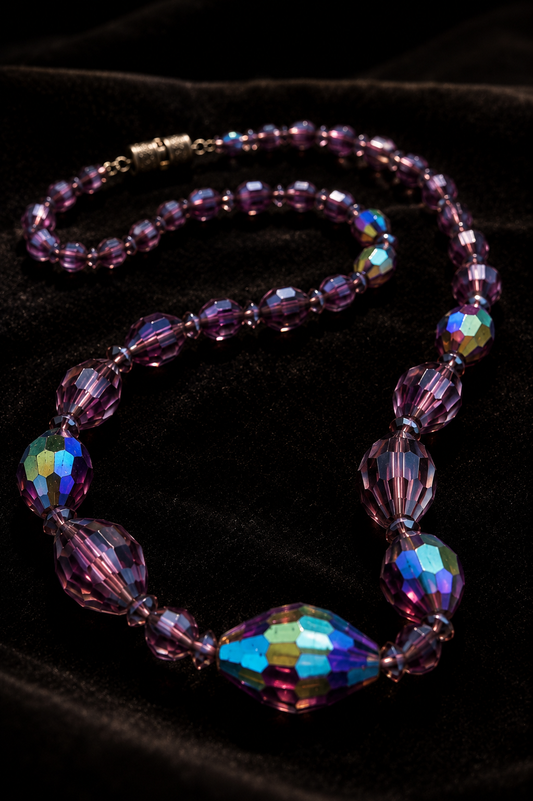 Collana con perle in vetro sfaccettato degradé color malva e finitura aurora Borealis