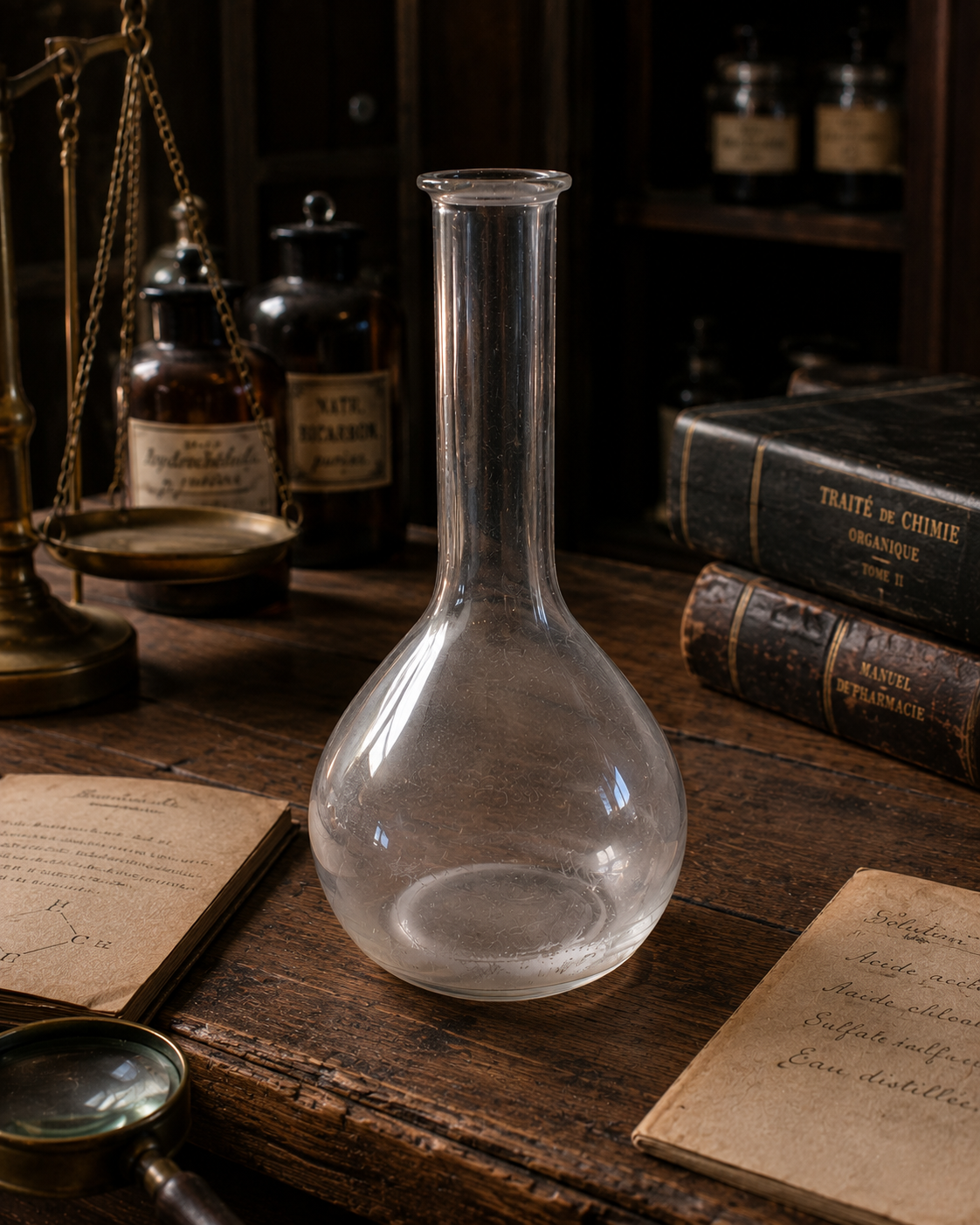 Set da laboratorio in vetro prima metà ‘900, matraccio spiritiera e flacone da reagenti