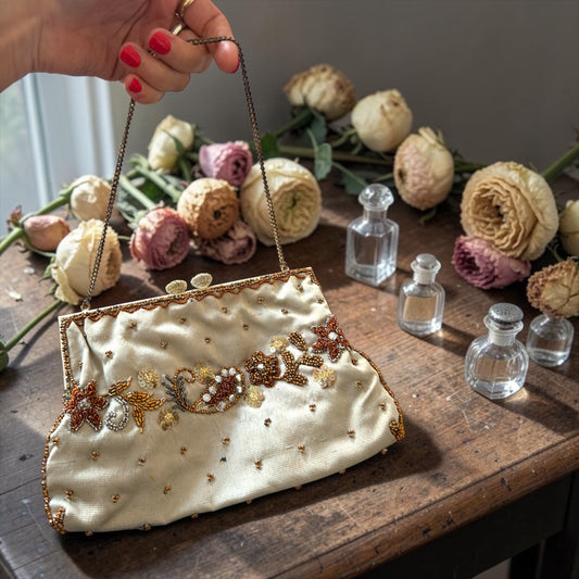 Borsetta da ballo 50s in shantung di seta con decorazione floreale