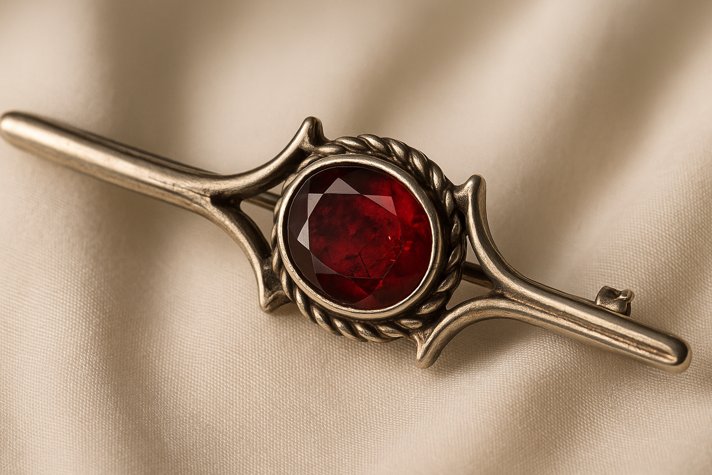 Spilla in argento con granato ed inclusione naturale, ca fine anni ‘40