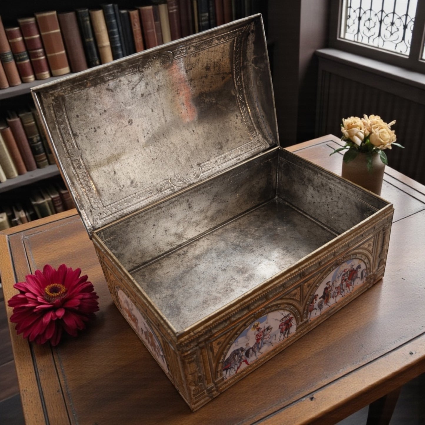 Grande biscottiera scatola di latta tedesca anni 70-80 con scene medievali