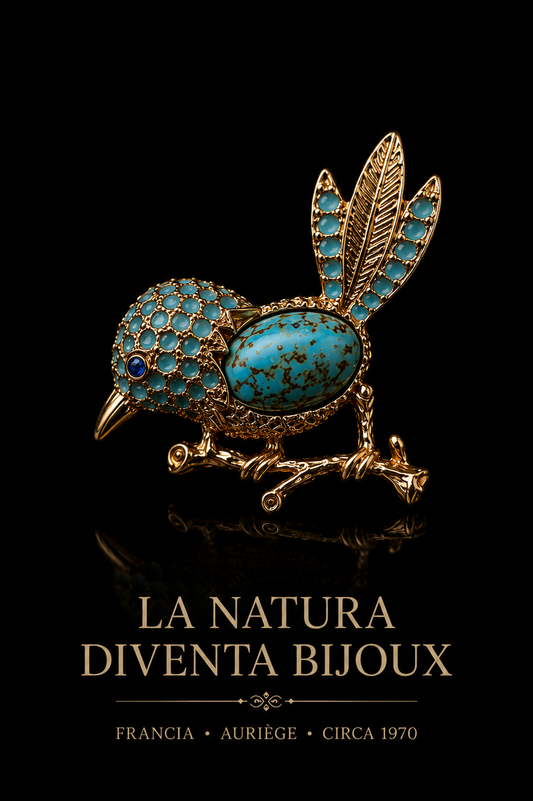 Spilla animalier 70s della maison francese Auriège a guisa di delizioso uccellino