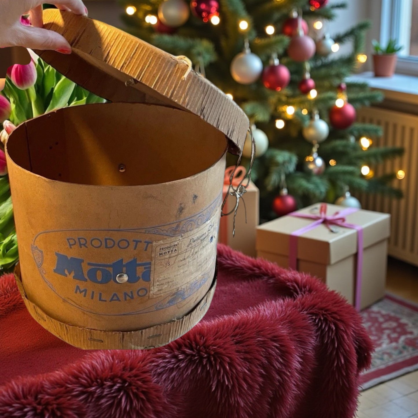 Antica scatola Motta panettone e dolciumi viaggiata 1937 con etichette originali