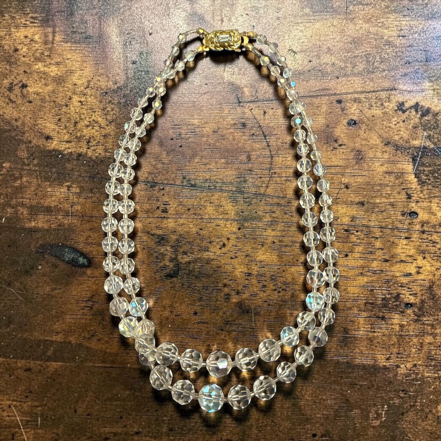 Collana anni ‘50 perle di vetro sfaccettato aurora borealis degradé a doppio filo