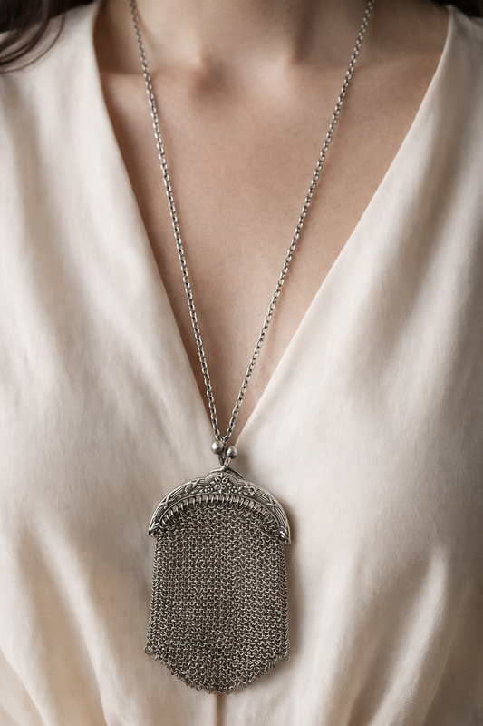 Antico portamonete borsellino da Chatelaine in argento massiccio, fine ‘800