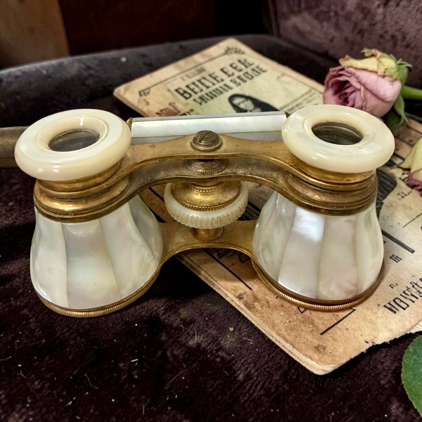 Opera glasses binocolo con asta in madreperla e ottone, primo ‘900