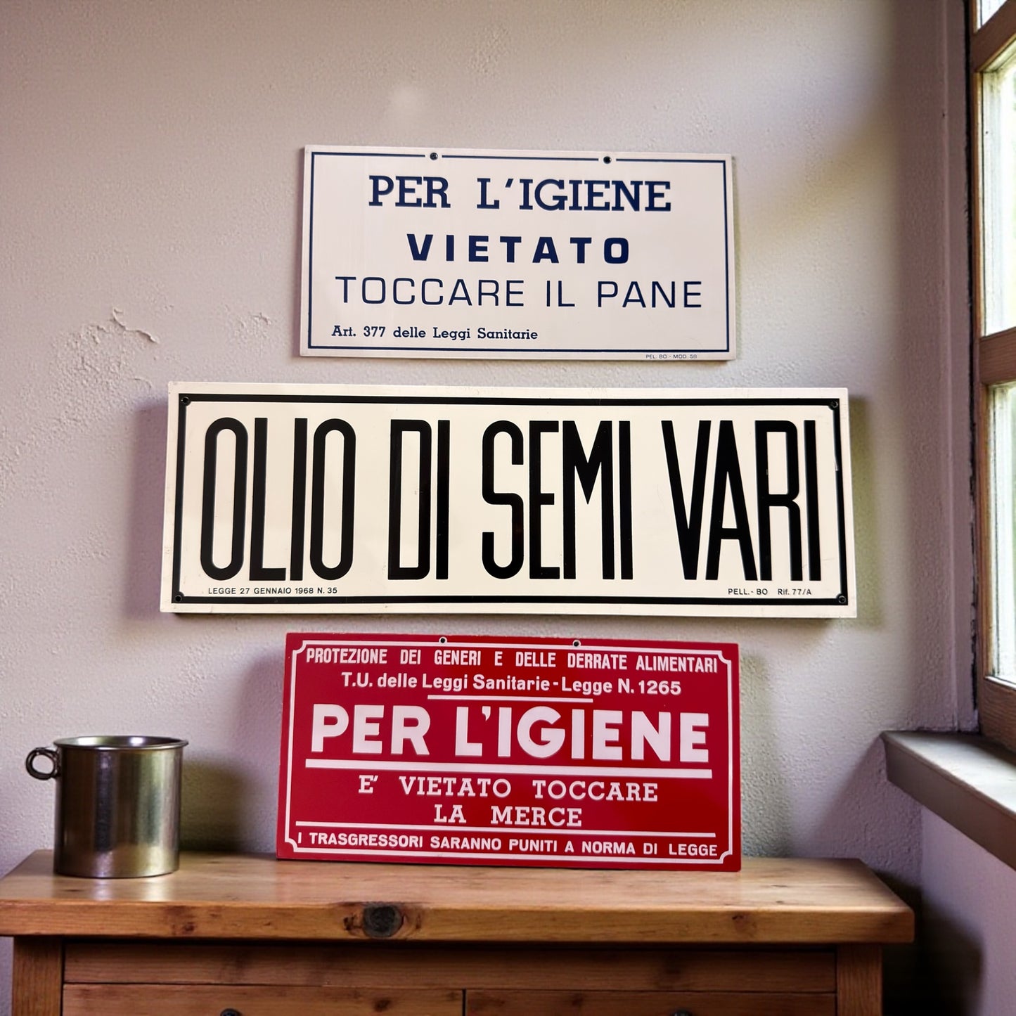 Tris lamierini anni ‘60 vintage per esercizio vendita derrate alimentari, originali epoca