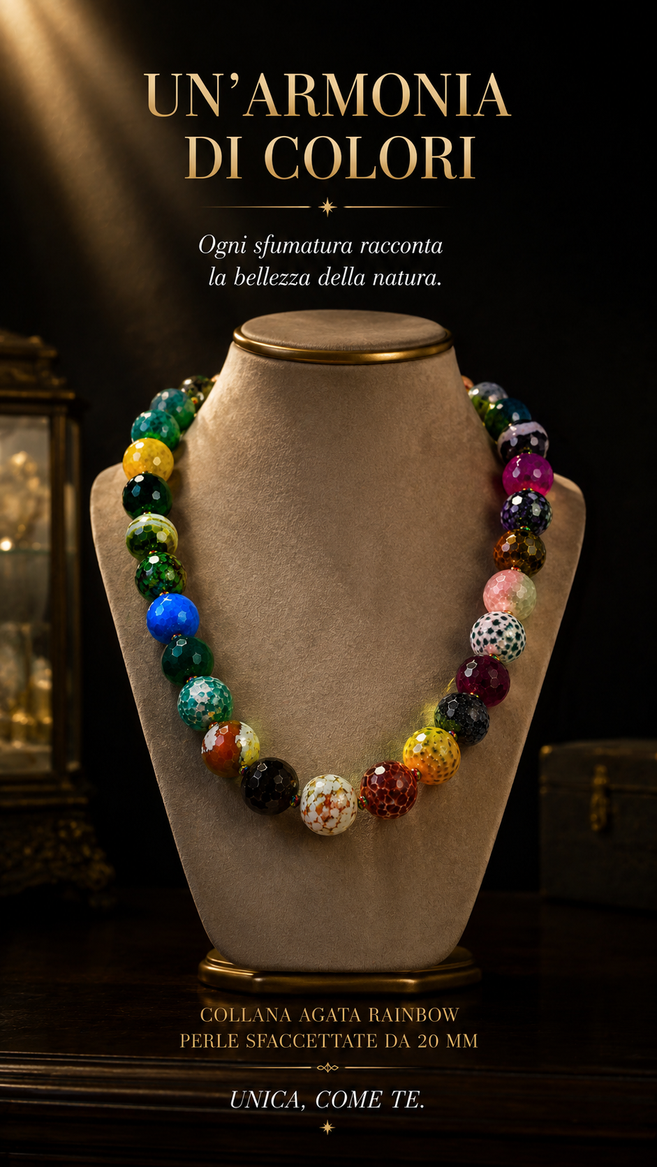 Meravigliosa collana, Agata Rainbow, perle sfaccettate infilate e annodate a Mano