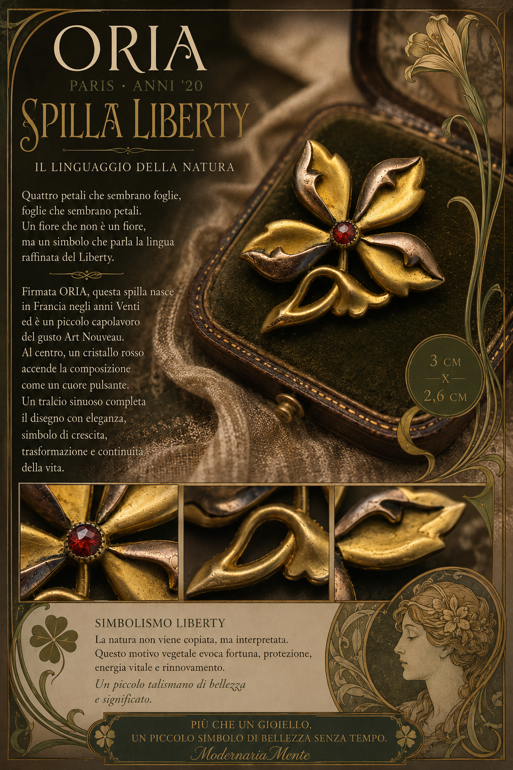 Spilla placcata double or ORIA anni ‘20 liberty con cristallo rosso centrale