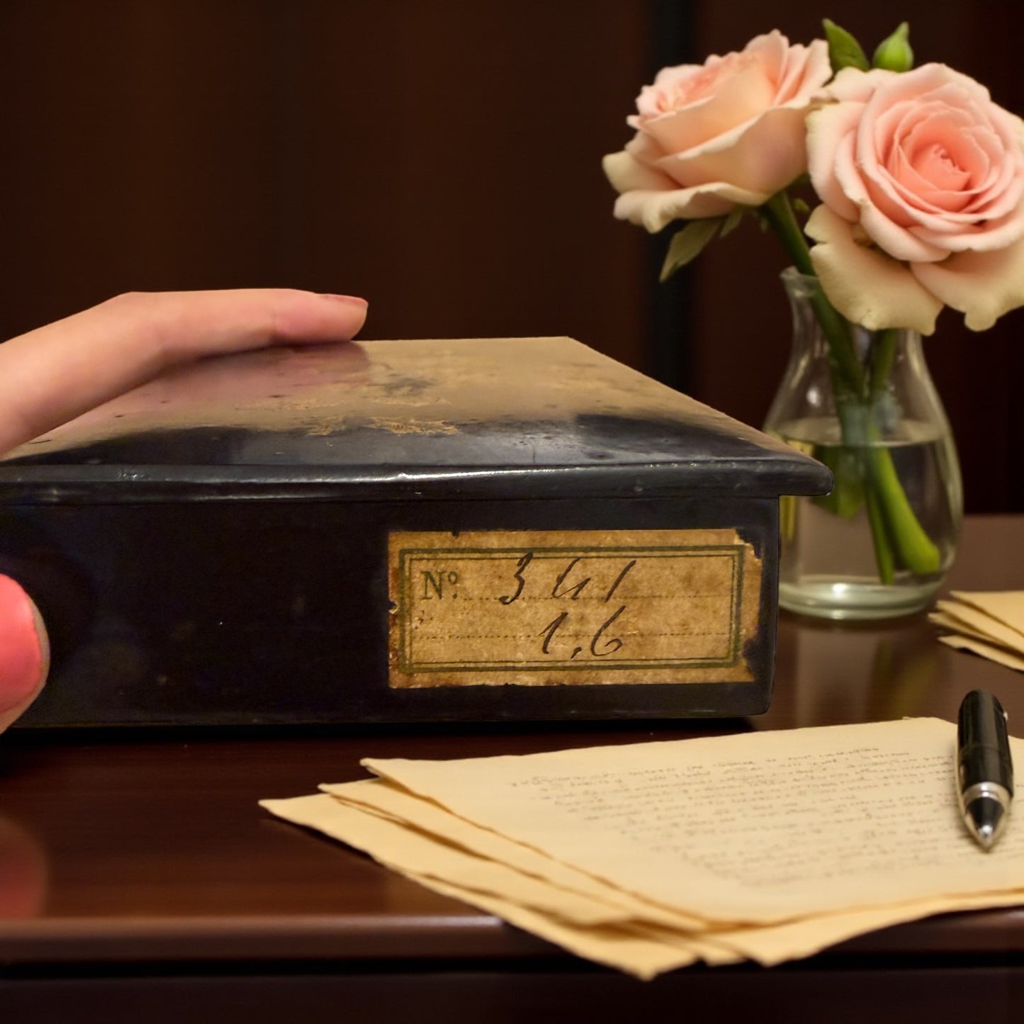 Antica scatola vittoriana in papier maché, inglese, decorata finemente