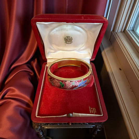 Bracciale rigido con smalti, tardo Déco gusto orientalista, con scrigno originale