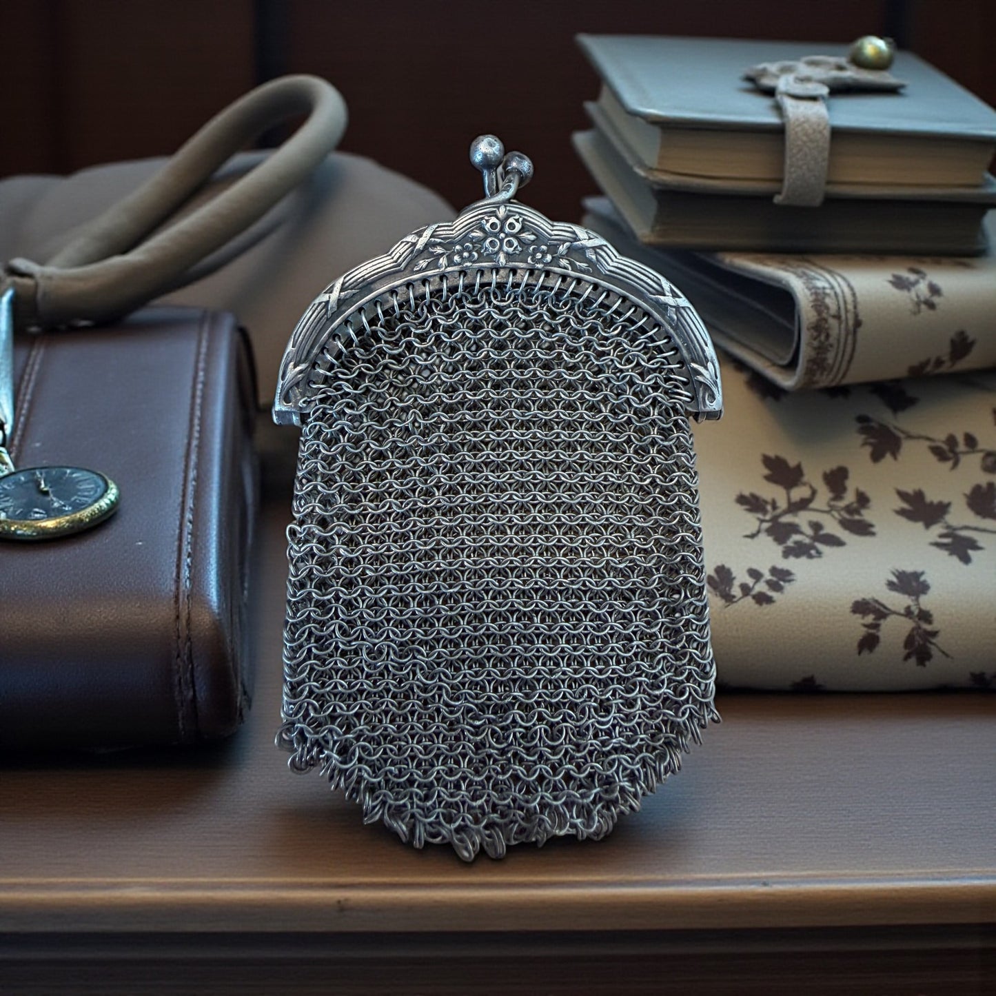 Antico portamonete borsellino da Chatelaine in argento massiccio, fine ‘800