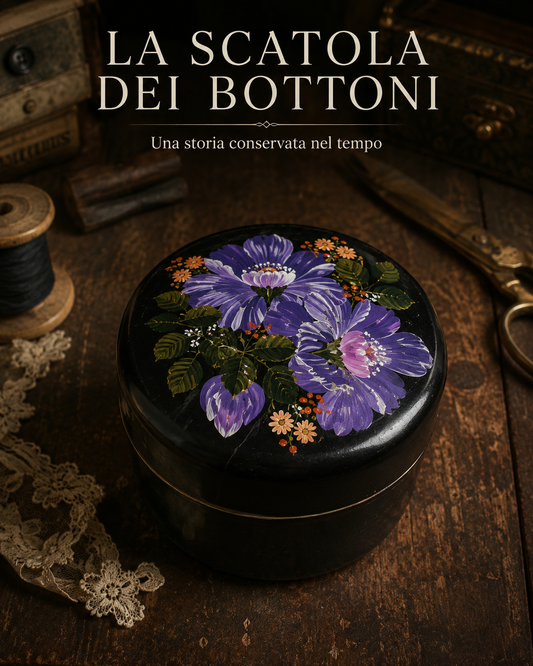 Scrigno scatola dei bottoni in legno laccato dipinto, con collezione da fine ‘800 a primi ‘900