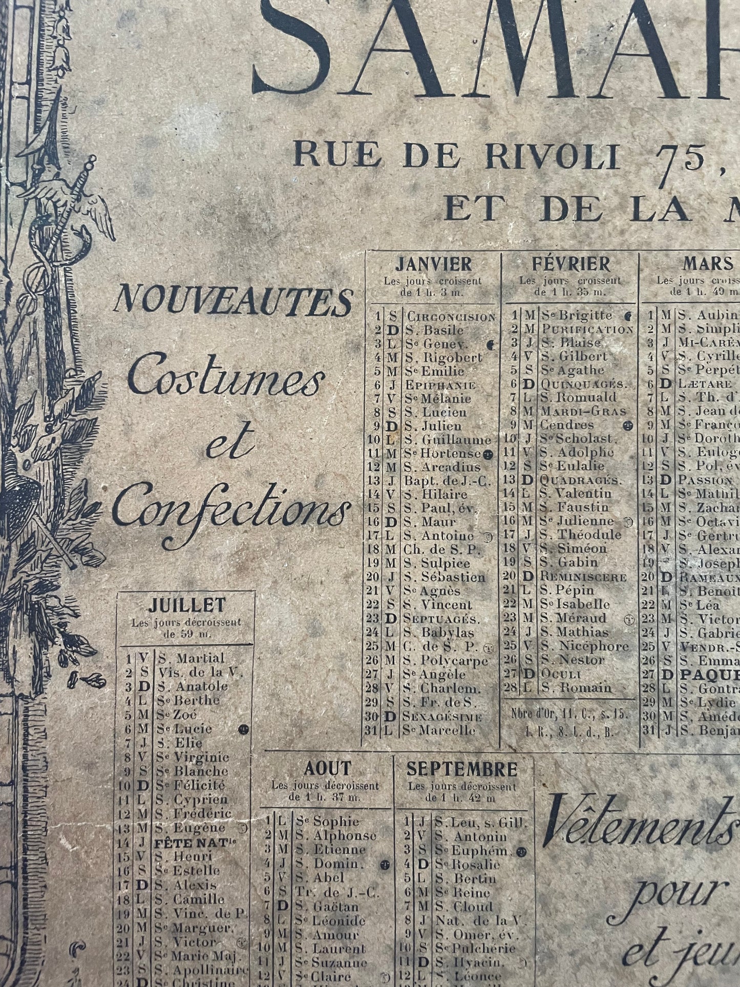 Calendario cartonato 1910 grandi magazzini La Samaritaine Parigi bifacciale