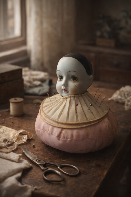 Antico punta spilli primo ‘900 a guisa di Pierrot in porcellana opaca con cuscino in raso rosa