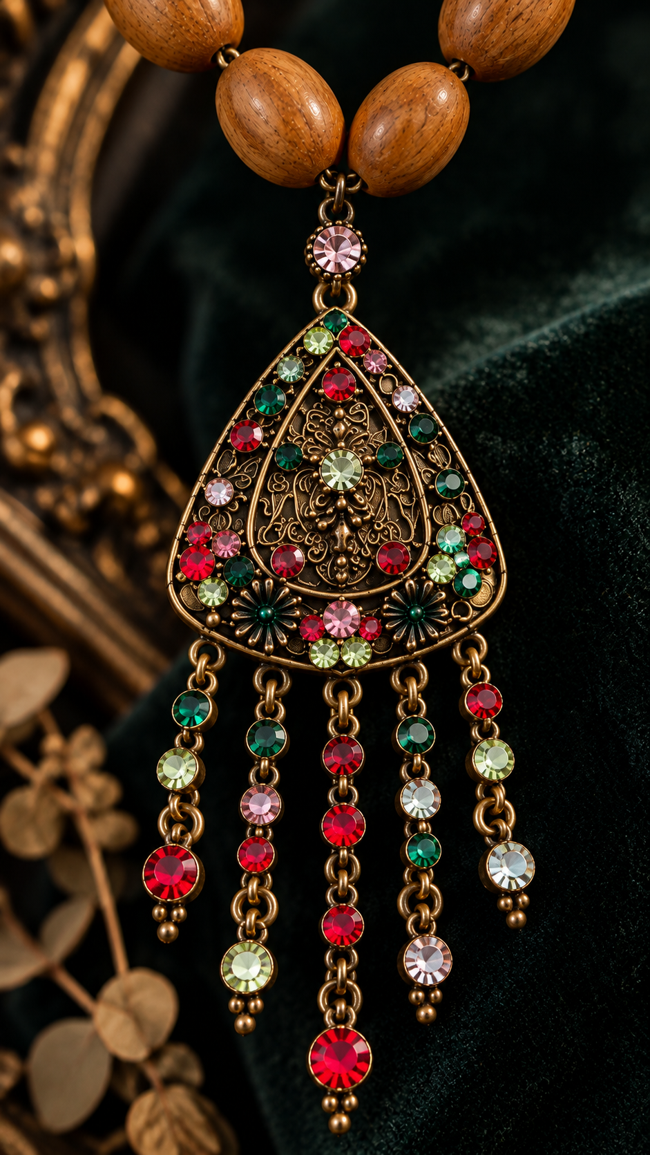 Collana perle di legno degradé anni 60 con pendente luminoso vintage
