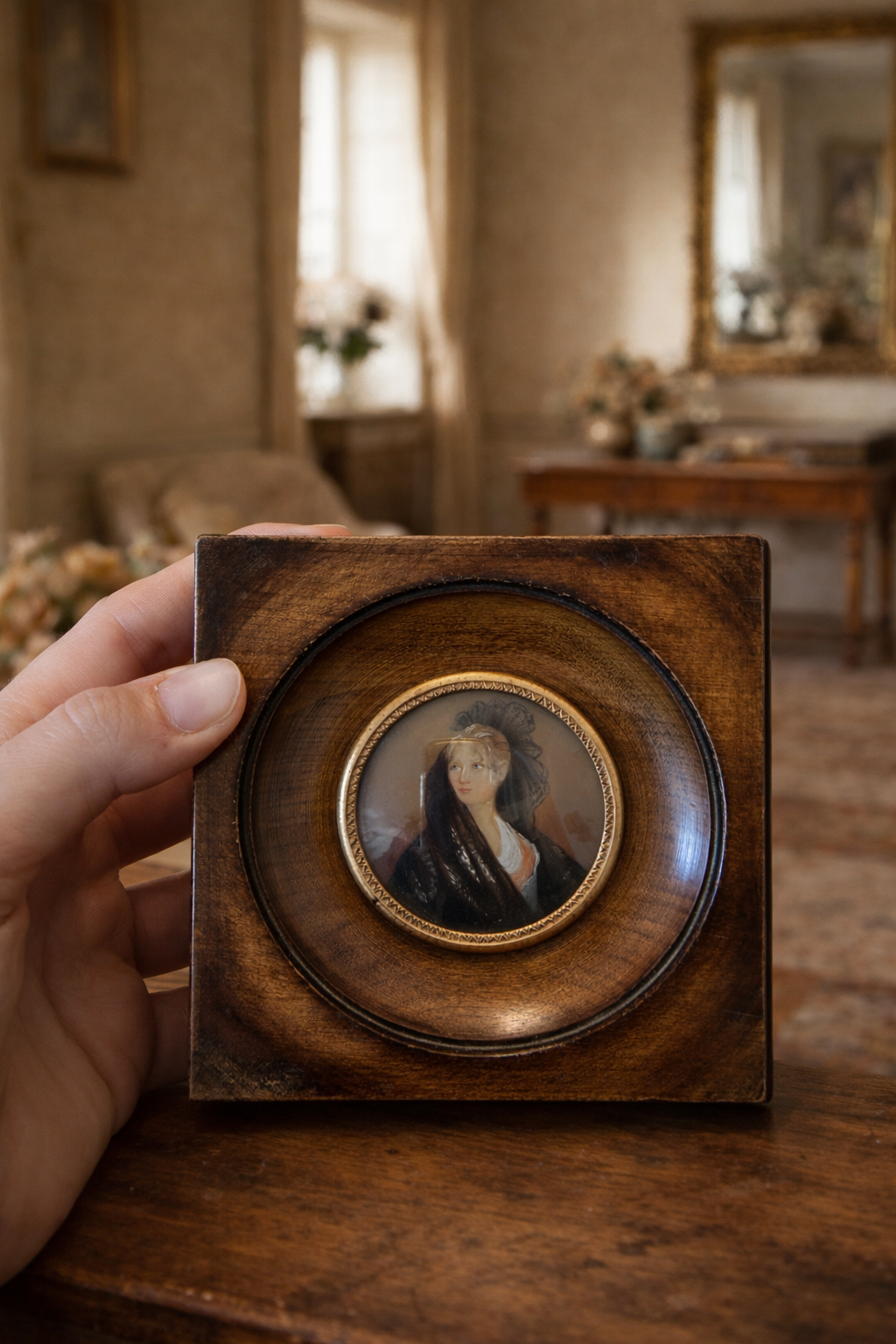 Miniatura antica ritratto di donna in cornice lignea protetta da vetro bombato d’epoca