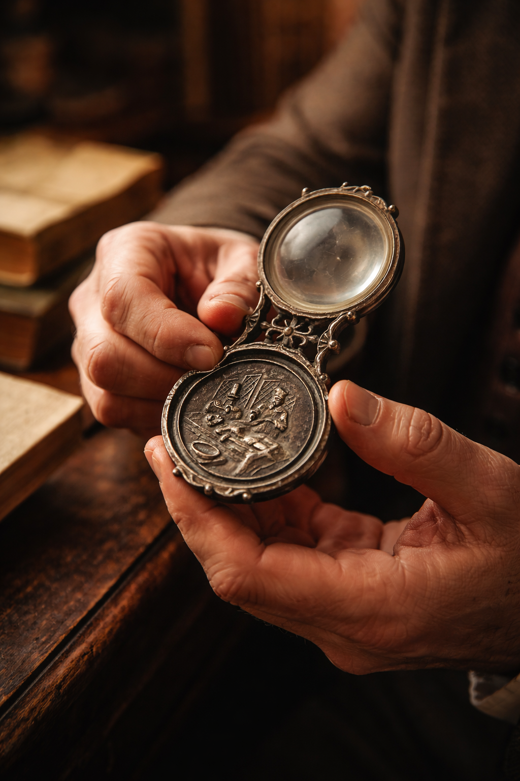 Lente da lettura da scrittoio prima metà ‘900, con scena autopsia settecentesca