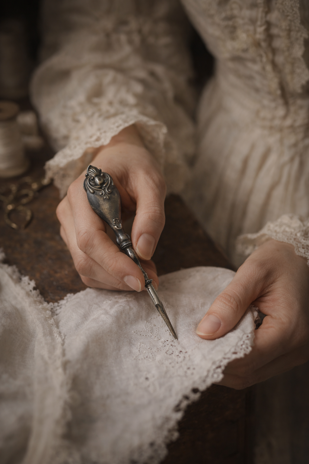 Antico punteruolo da ricamo in argento decorato, fine ‘800