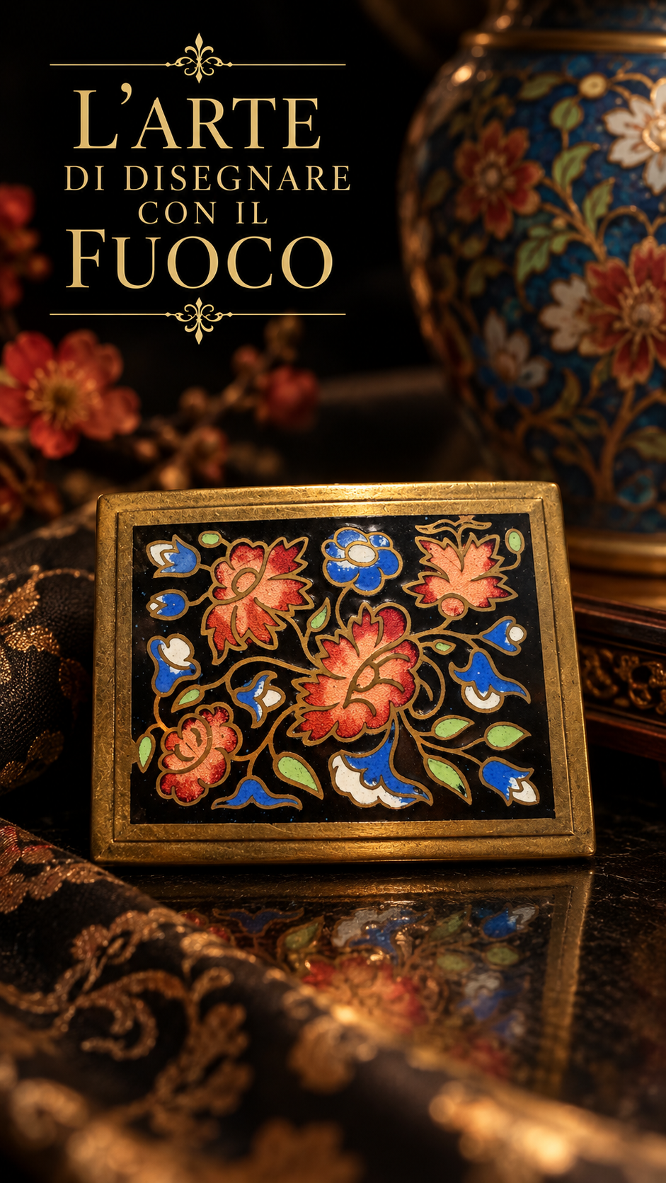 Antica spilla rettangolare cloisonné Giardino d’Oriente anni ‘40