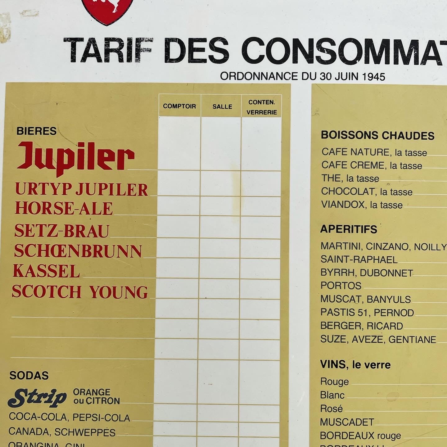 Great Jupilet bar list from the 60s