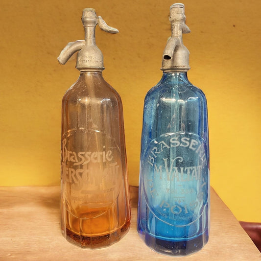 Pair of Brasserie seltzer siphons from the 1940s