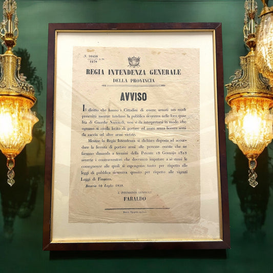 Avviso Regio Brescia 1859 sulla detenzione di armi, documento originale