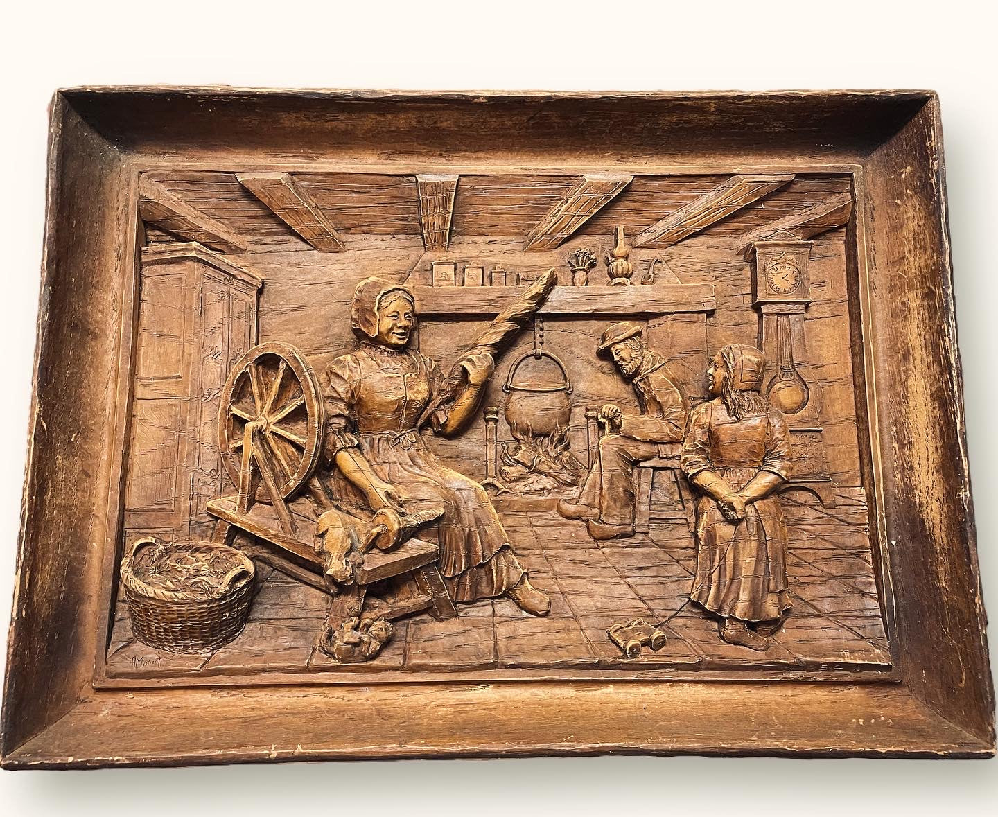 French wooden bas-relief interior scene