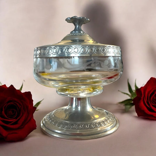 Delizioso porta bon bon in peltro e vetro inciso, anni ‘60