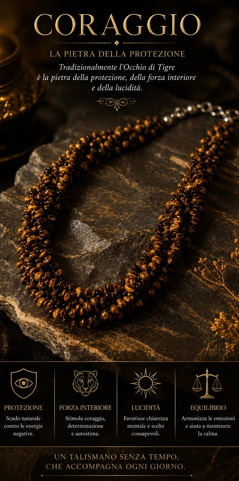 Collana contemporanea torchon scenografico di chips di occhio di tigre