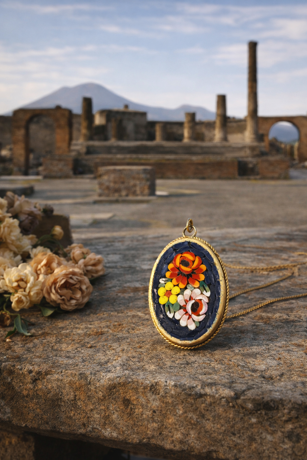 Pendente in micromosaico vitreo montato in metallo dorato, prime decadi ‘900