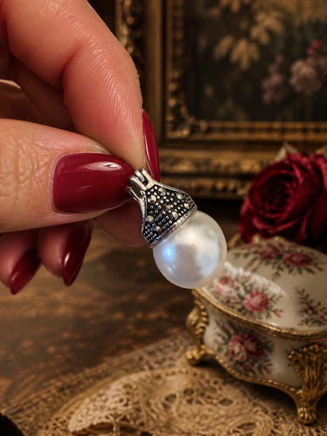 Orecchini argento 925 marcasiti e perla, contemporanei, nuovi
