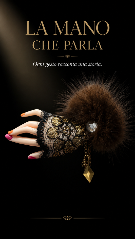 Spilla vintage artigianale mano femminile surrealista con pelliccia e guanto, 70s