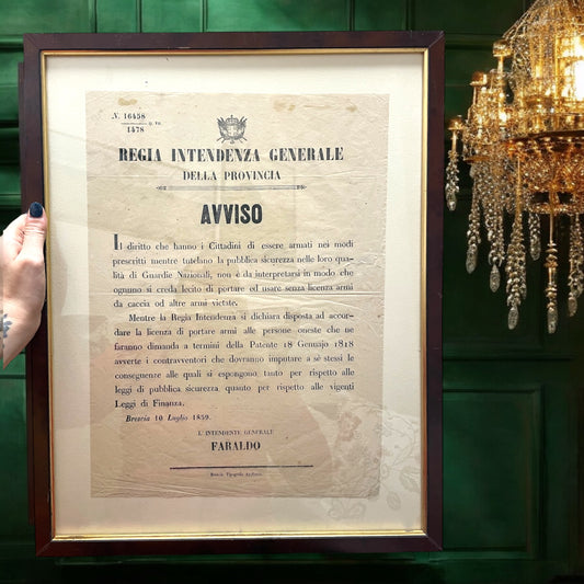 Avviso Regio Brescia 1859 sulla detenzione di armi, documento originale