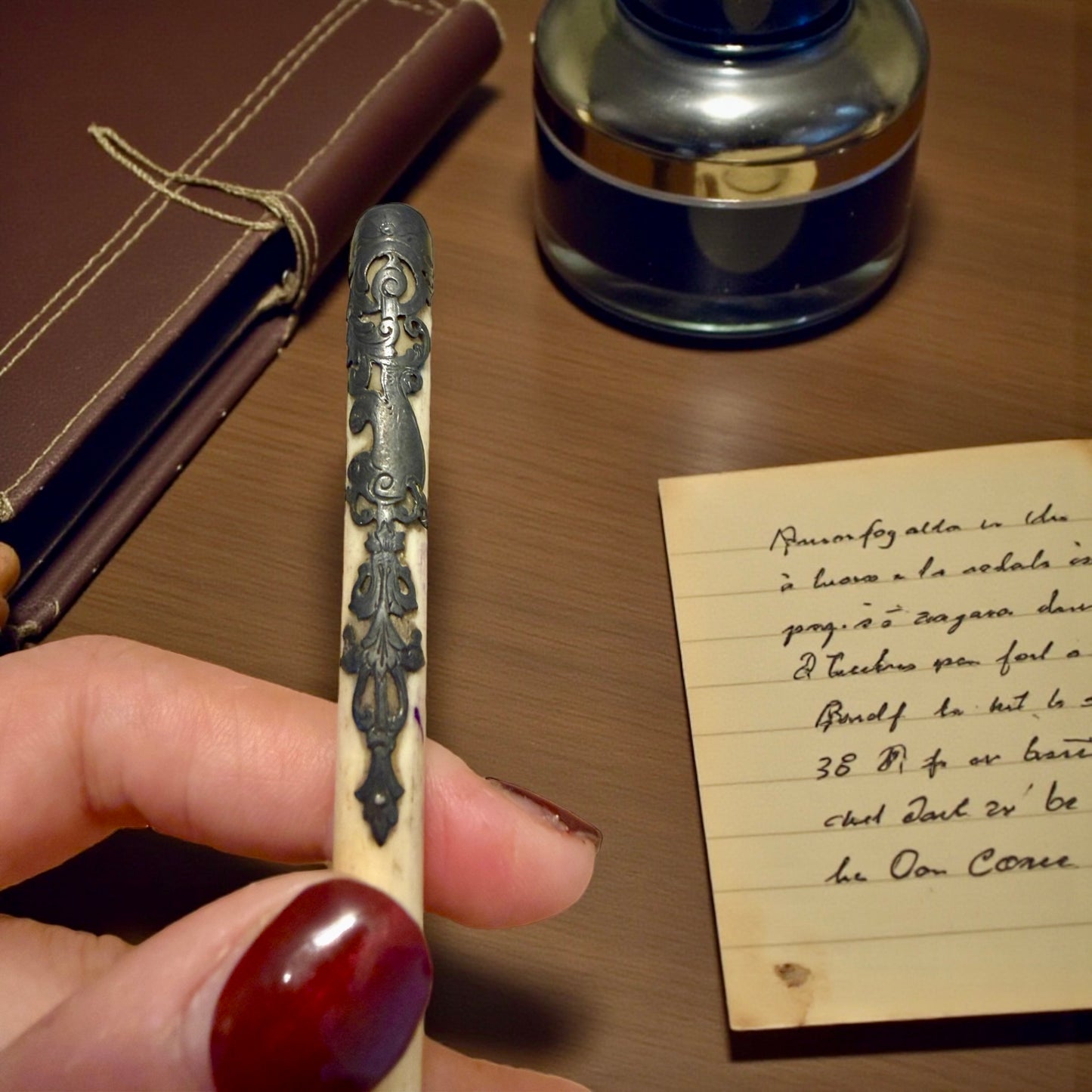 Antica penna da signora in osso ed argento, fine ‘800 primo ‘900