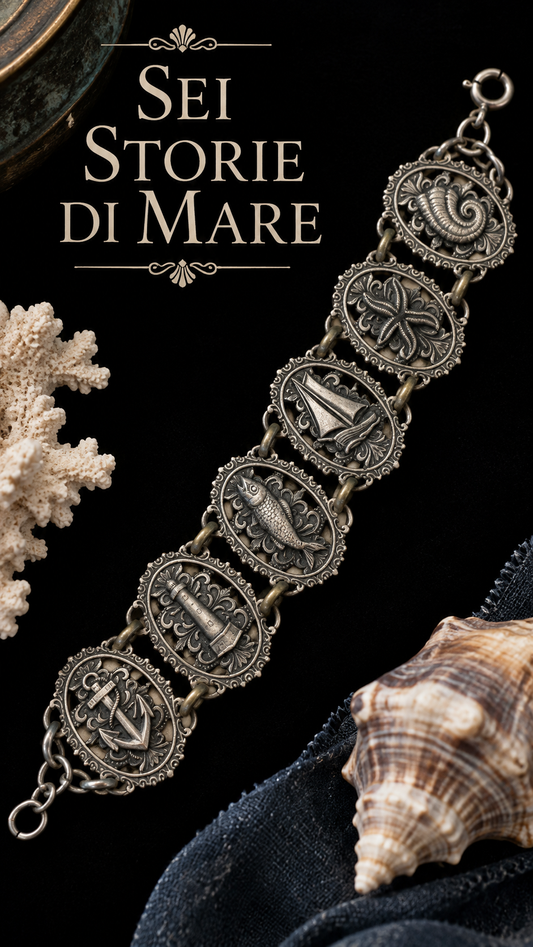 Bracciale vintage con sei placche decorate a tema marino, 19 cm metallo argentato