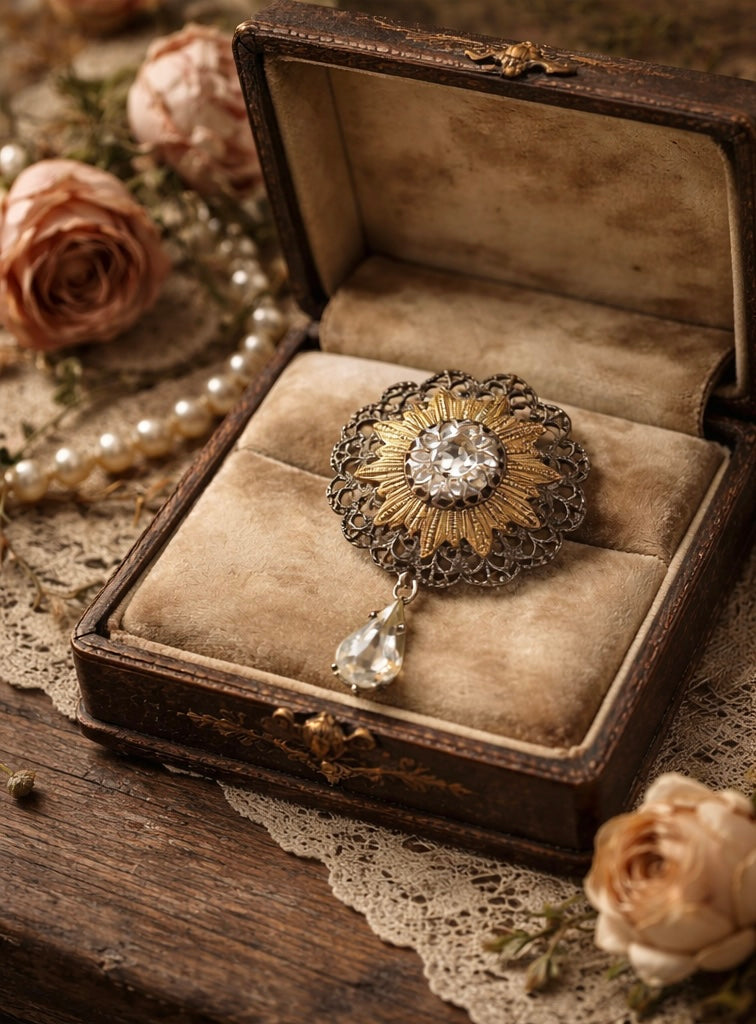 Spilla-pendente in filigrana a raggiera con cabochon brillante e goccia, primo ‘900