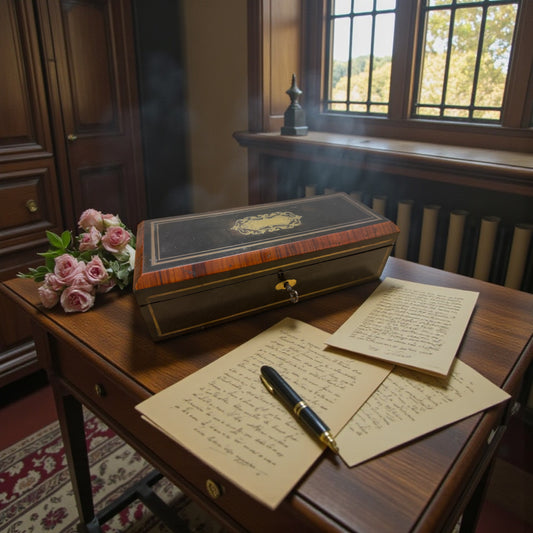 Antico cofanetto per corrispondenza da scrittoio, con ribaltina e chiave, fine ‘800