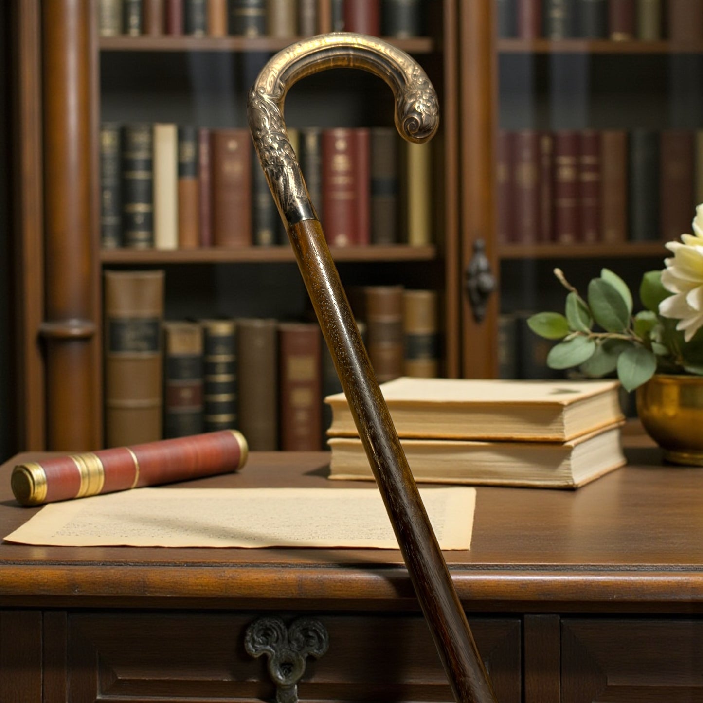 Antica impugnatura in argento per ombrello, fine ‘800 riccamente cesellata con monogramma