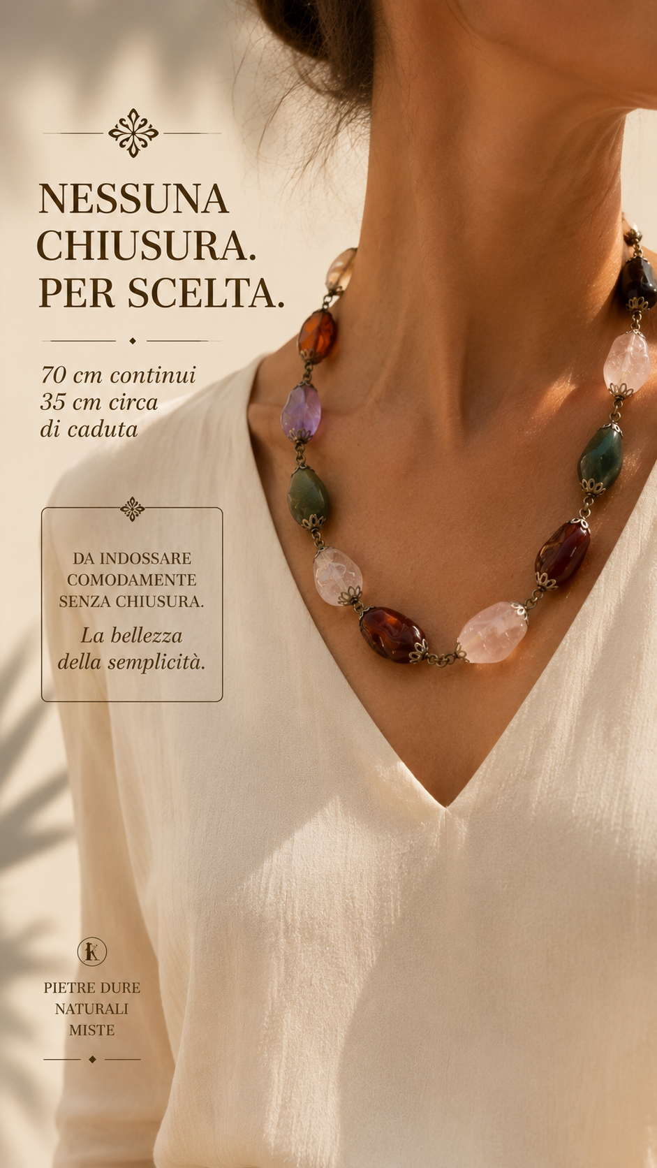 Collana in pietre naturali miste tra cui agata, corniola, quarzo ed altre; 70 cm senza chiusura