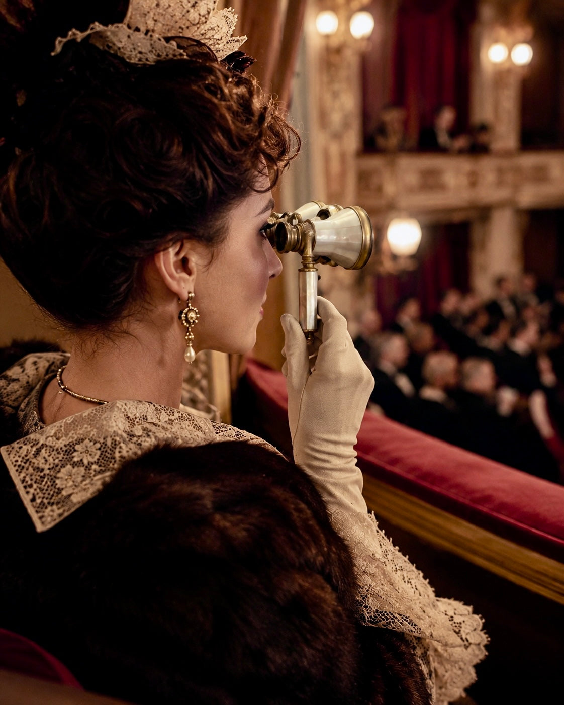 Opera glasses binocolo con asta in madreperla e ottone, primo ‘900