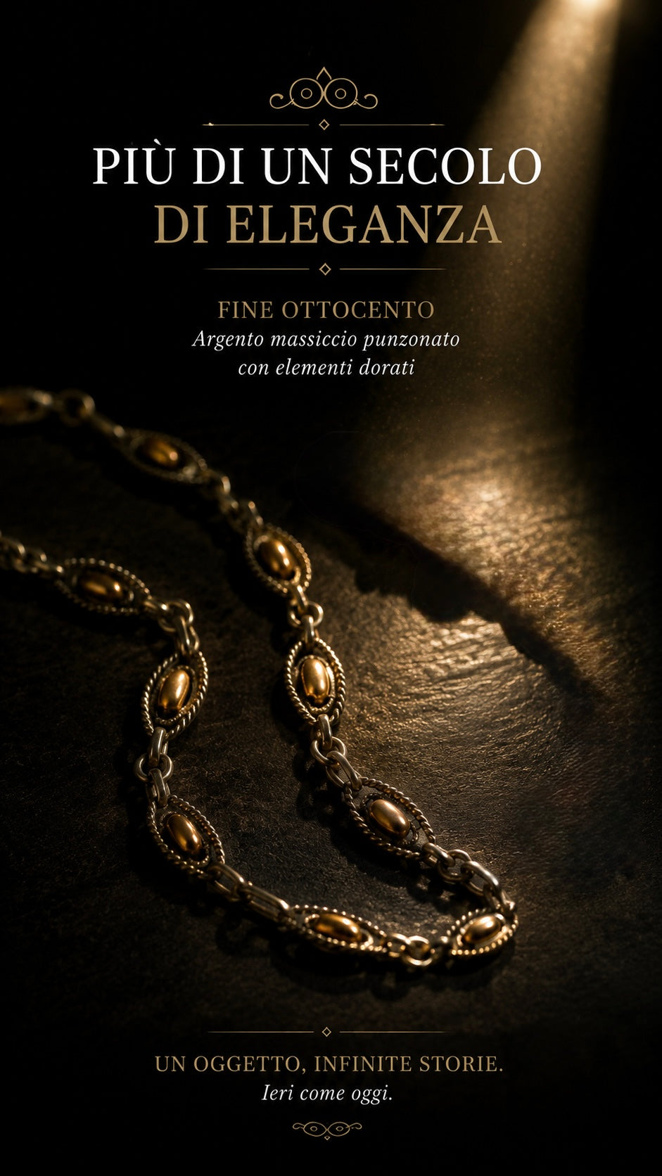Antica catena da panciotto in argento con elementi placcati oro, 33 cm, fine ‘800
